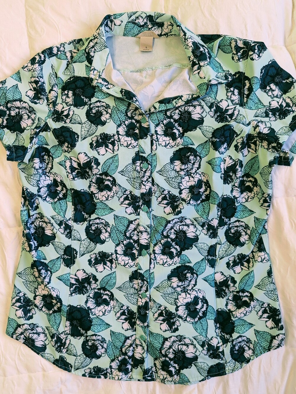 Duluth Trading Womans Floral Button Front Vented Shirt Size L Green Outdoors